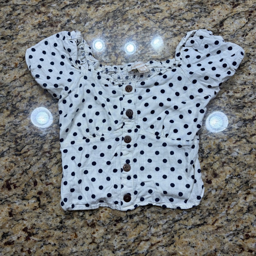 Monteau Los Angeles Polka Dot Puff Sleeve Smocked Back Crop Top White Navy S ws